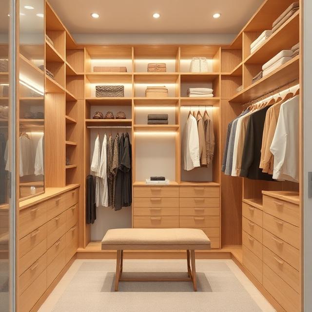 Minimalist Neutral Closet with Warm Wood Accents