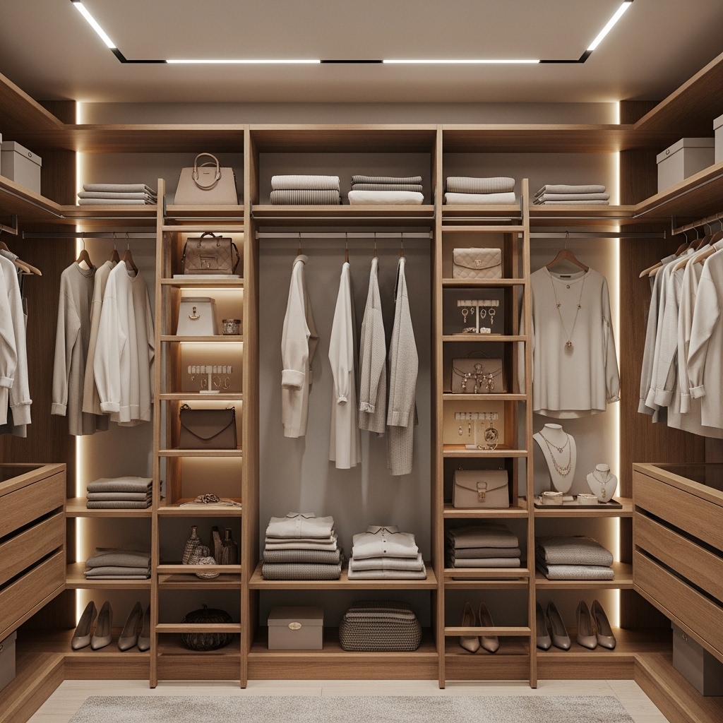 Neutral Closet with Warm Wood Ladder Shelving
