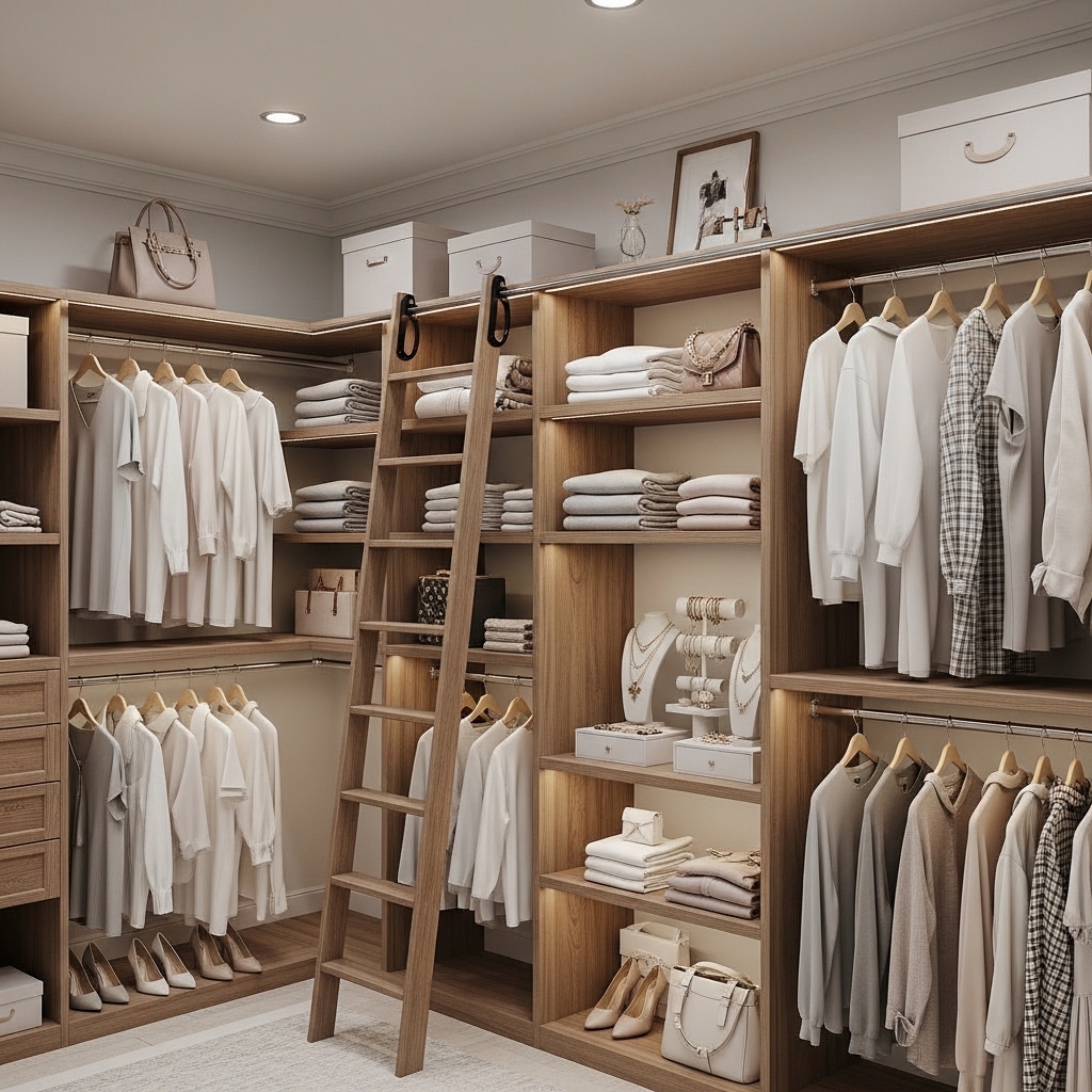 Neutral Closet with Warm Wood Ladder Shelving