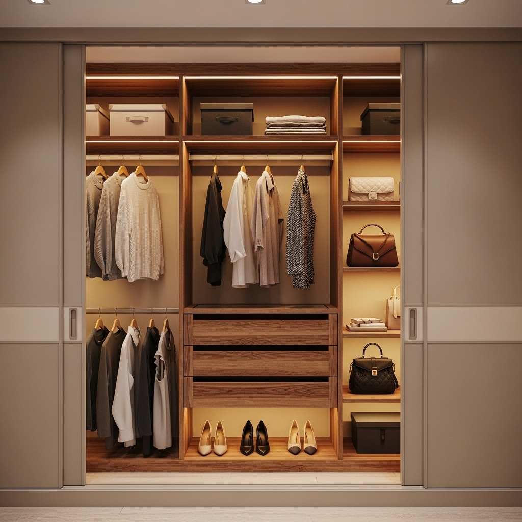 Warm Wood Closet with Neutral Sliding Doors