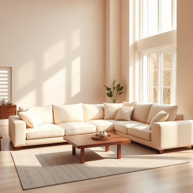 Cream Sectional with Warm Wood Accents
