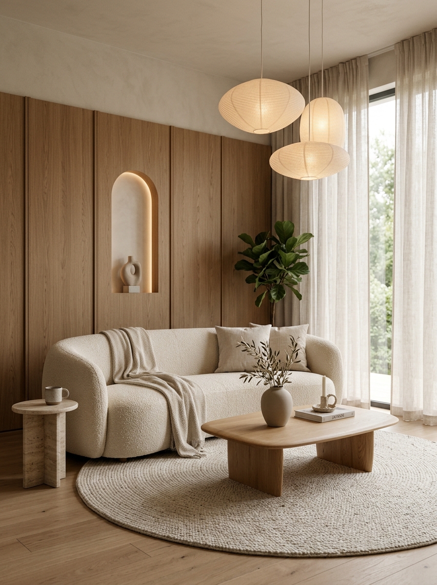 Soft Neutral Haven with Curved Boucl&eacute; Seating