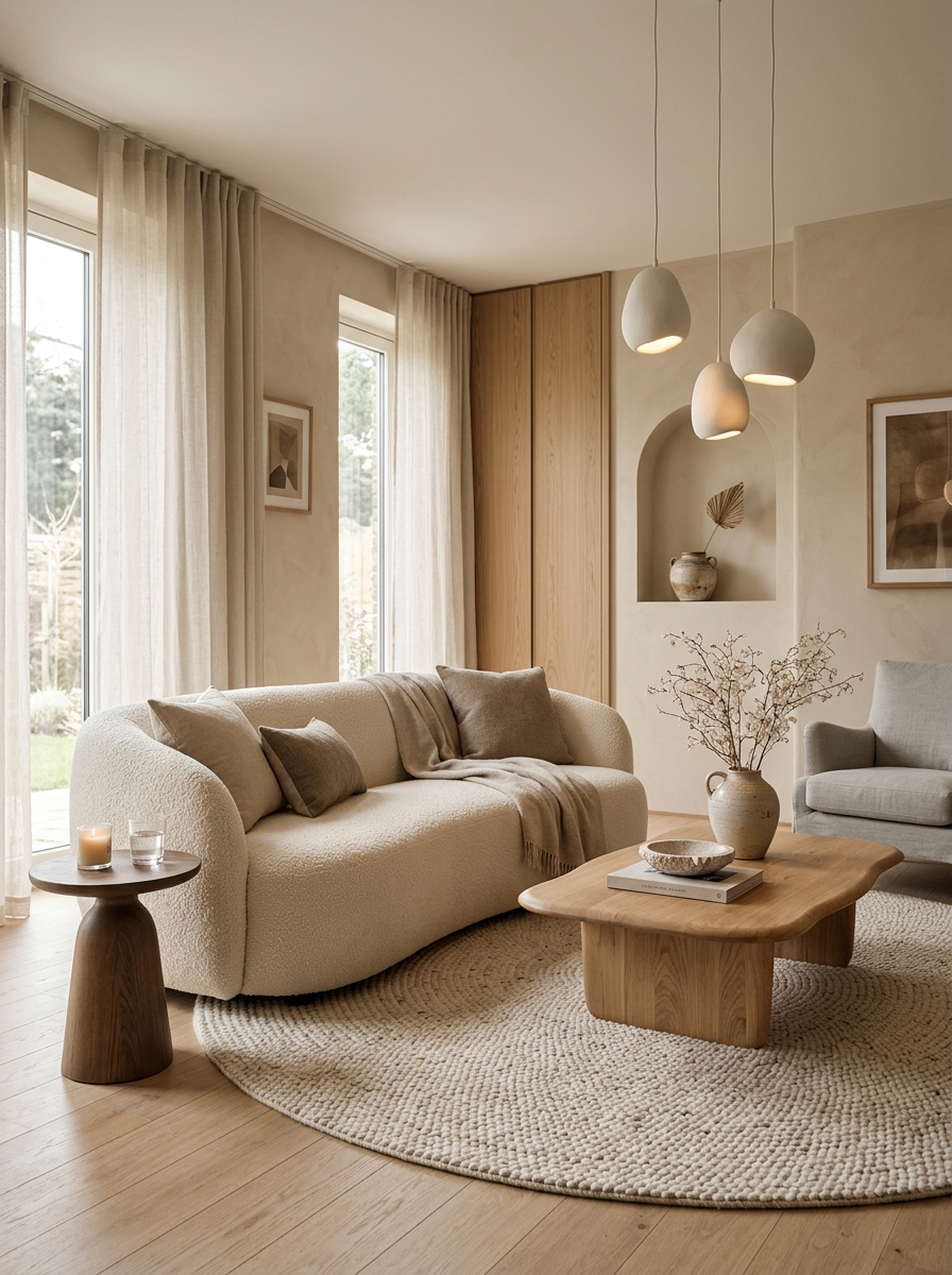 Soft Neutral Haven with Curved Boucl&eacute; Seating