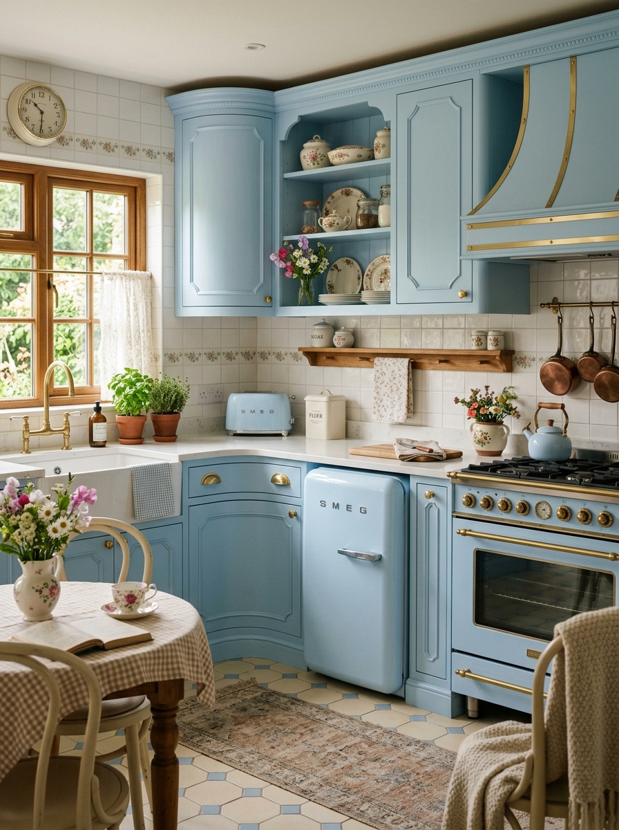 Baby Blue Cabinets with Vintage Feminine Charm