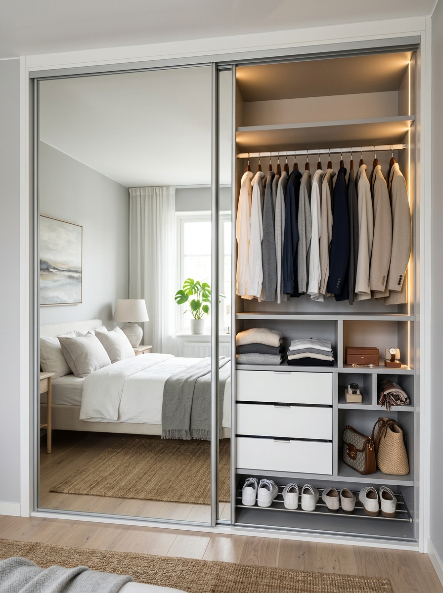 Sliding Door Compact Closet with Mirror Panels