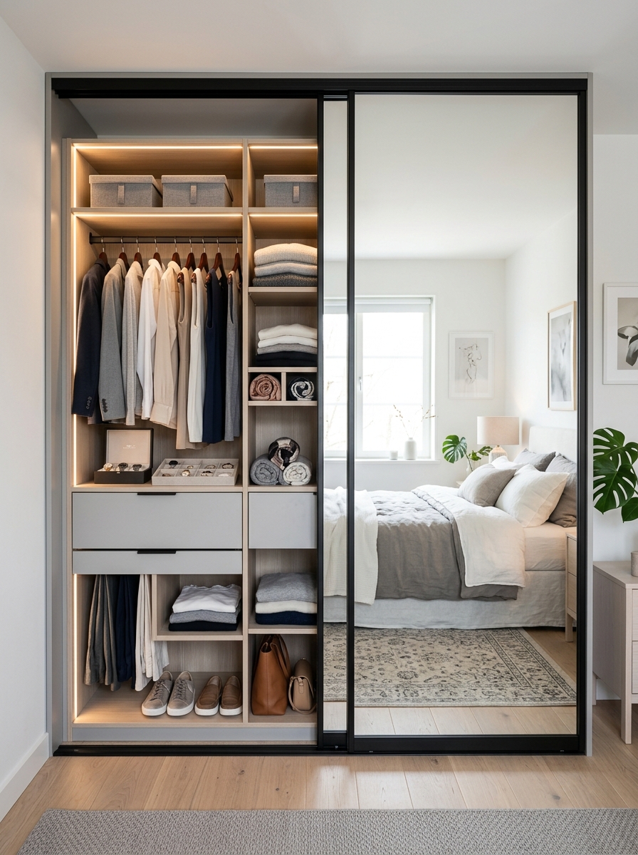 Sliding Door Compact Closet with Mirror Panels