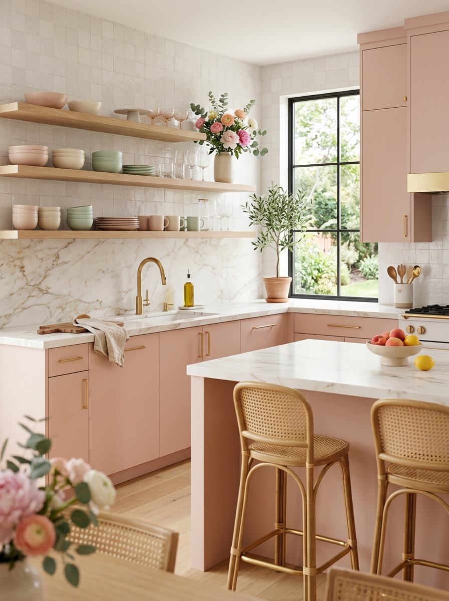 Blush Pink Cabinetry with Gold Accents