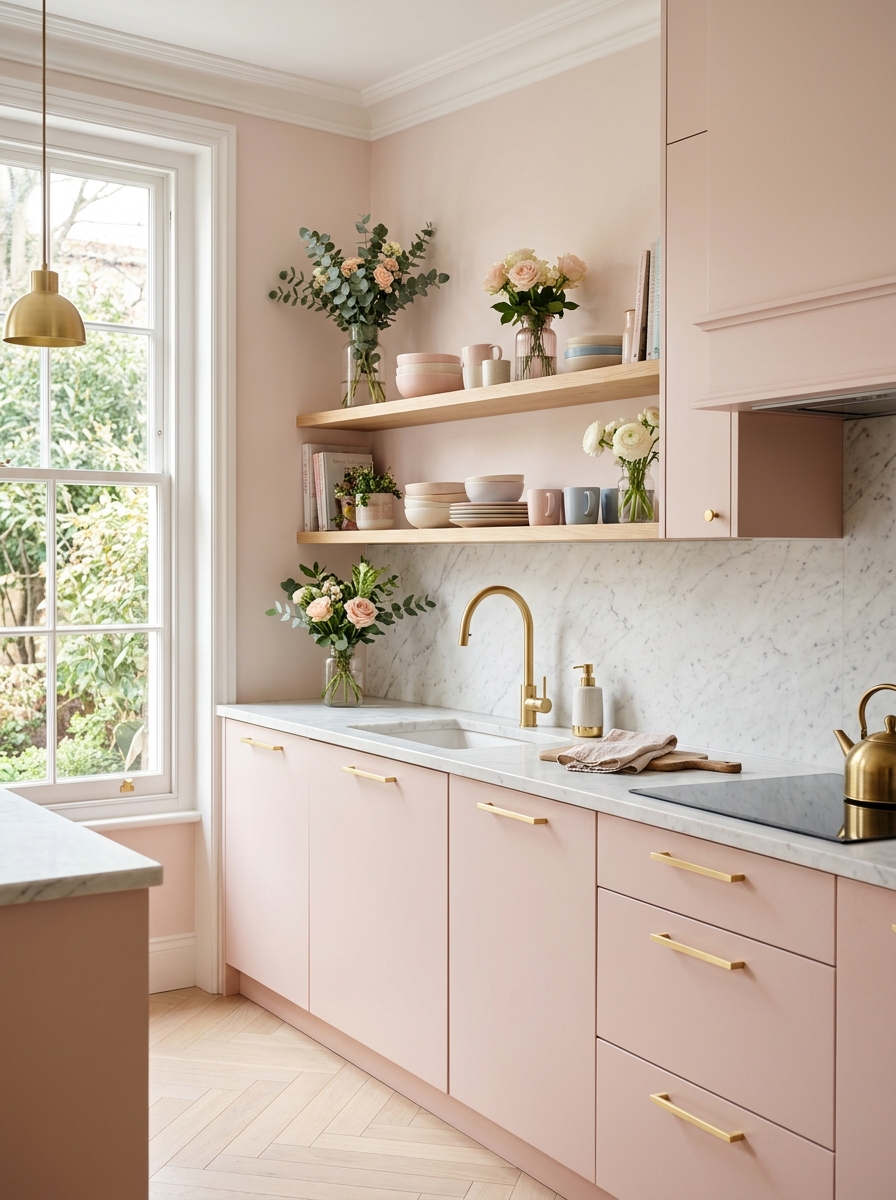 Blush Pink Cabinetry with Gold Accents