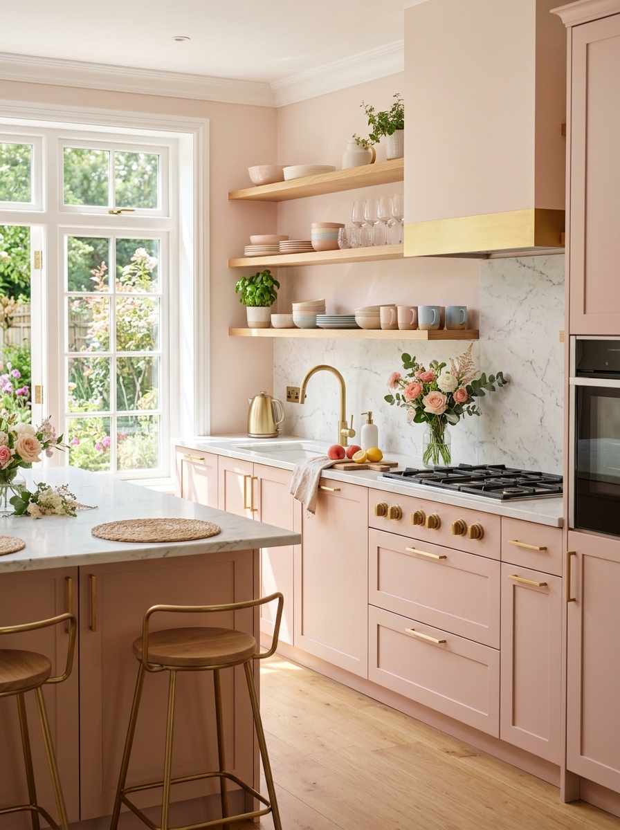 Blush Pink Cabinetry with Gold Accents