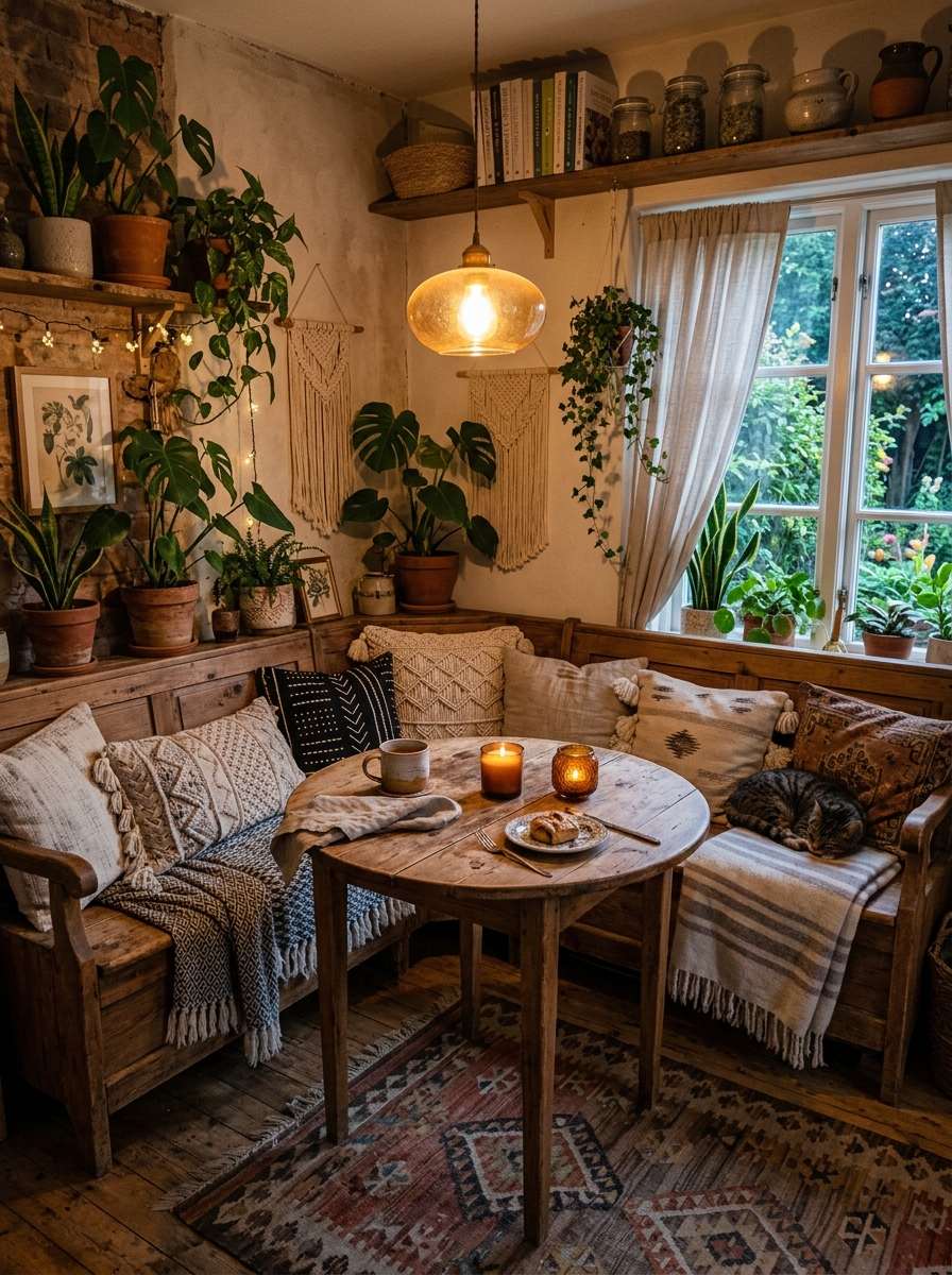 Cozy Boho Kitchen Nook with Plants and Textures