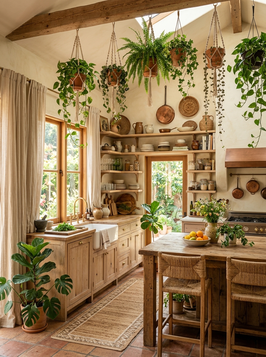 Sunlit Boho Kitchen with Hanging Plants