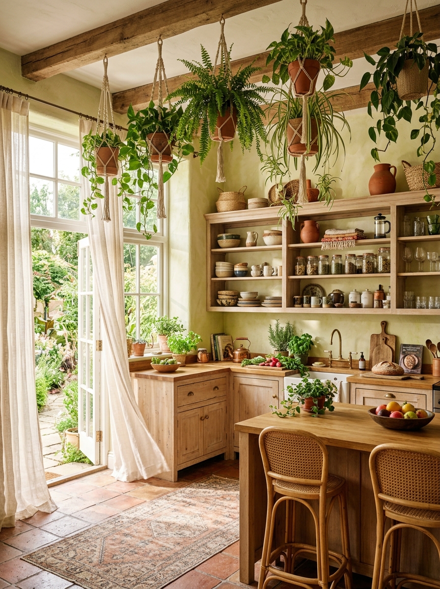 Sunlit Boho Kitchen with Hanging Plants