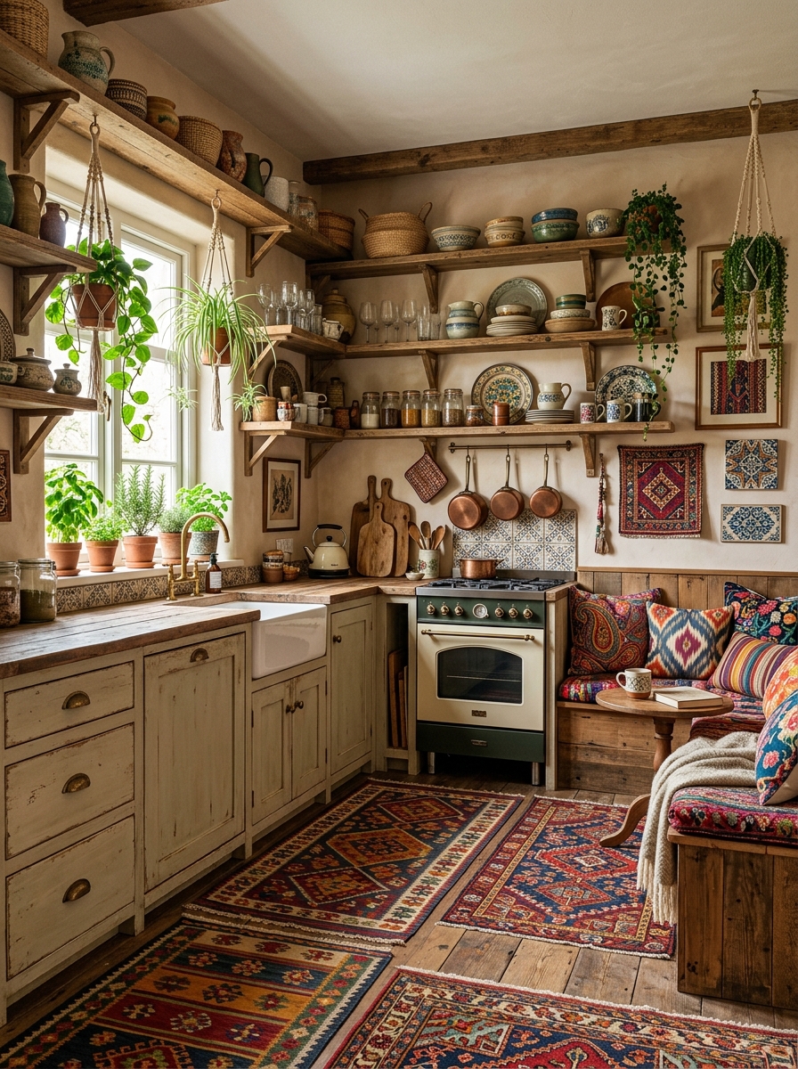 Eclectic Boho Kitchen with Colorful Textiles