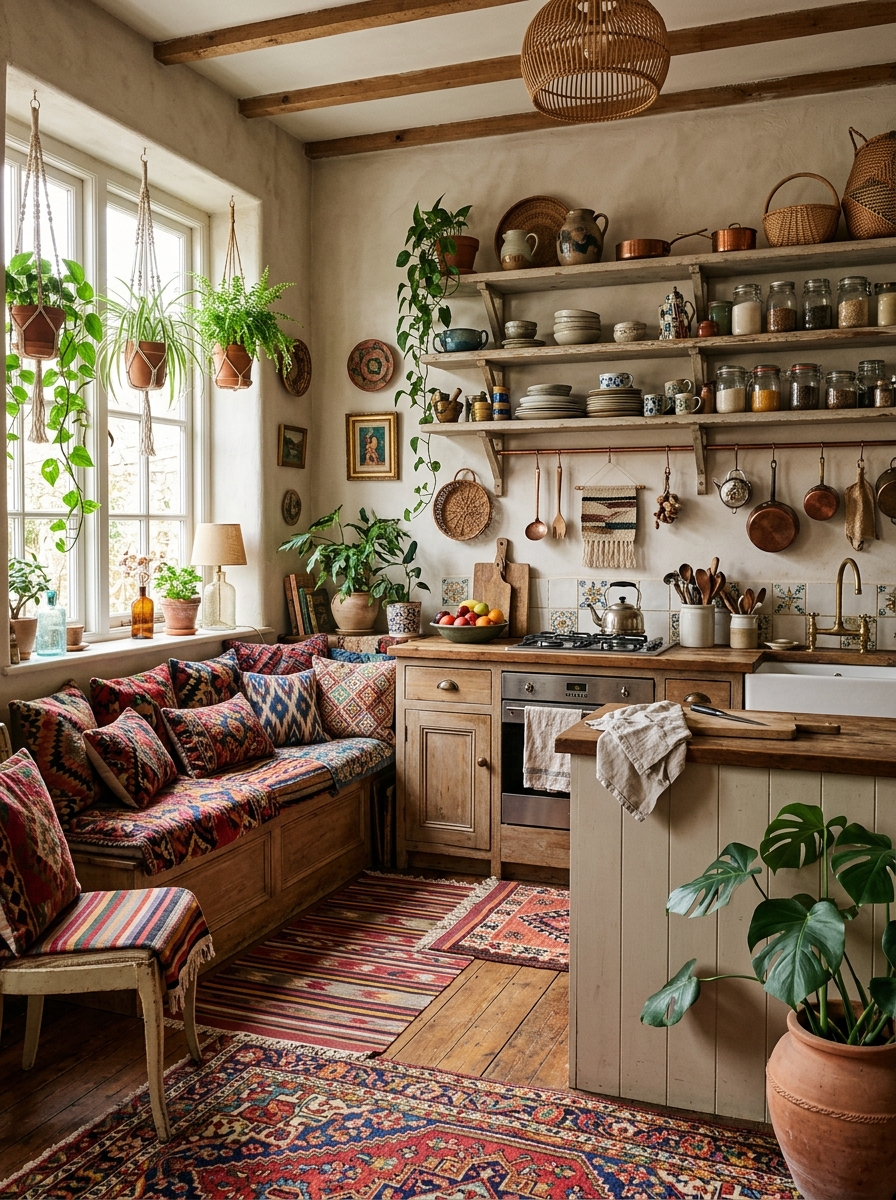 Eclectic Boho Kitchen with Colorful Textiles