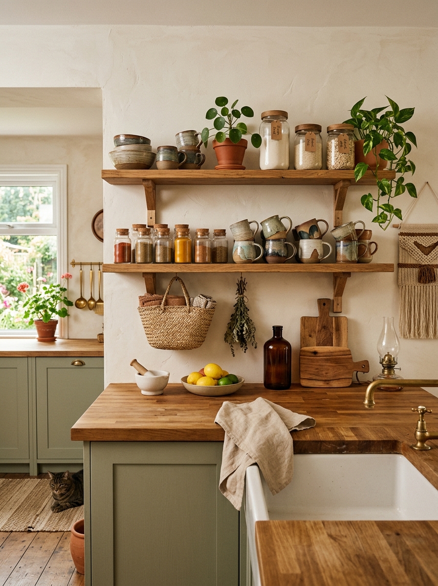 Boho Kitchen with Open Shelving and Styled Decor