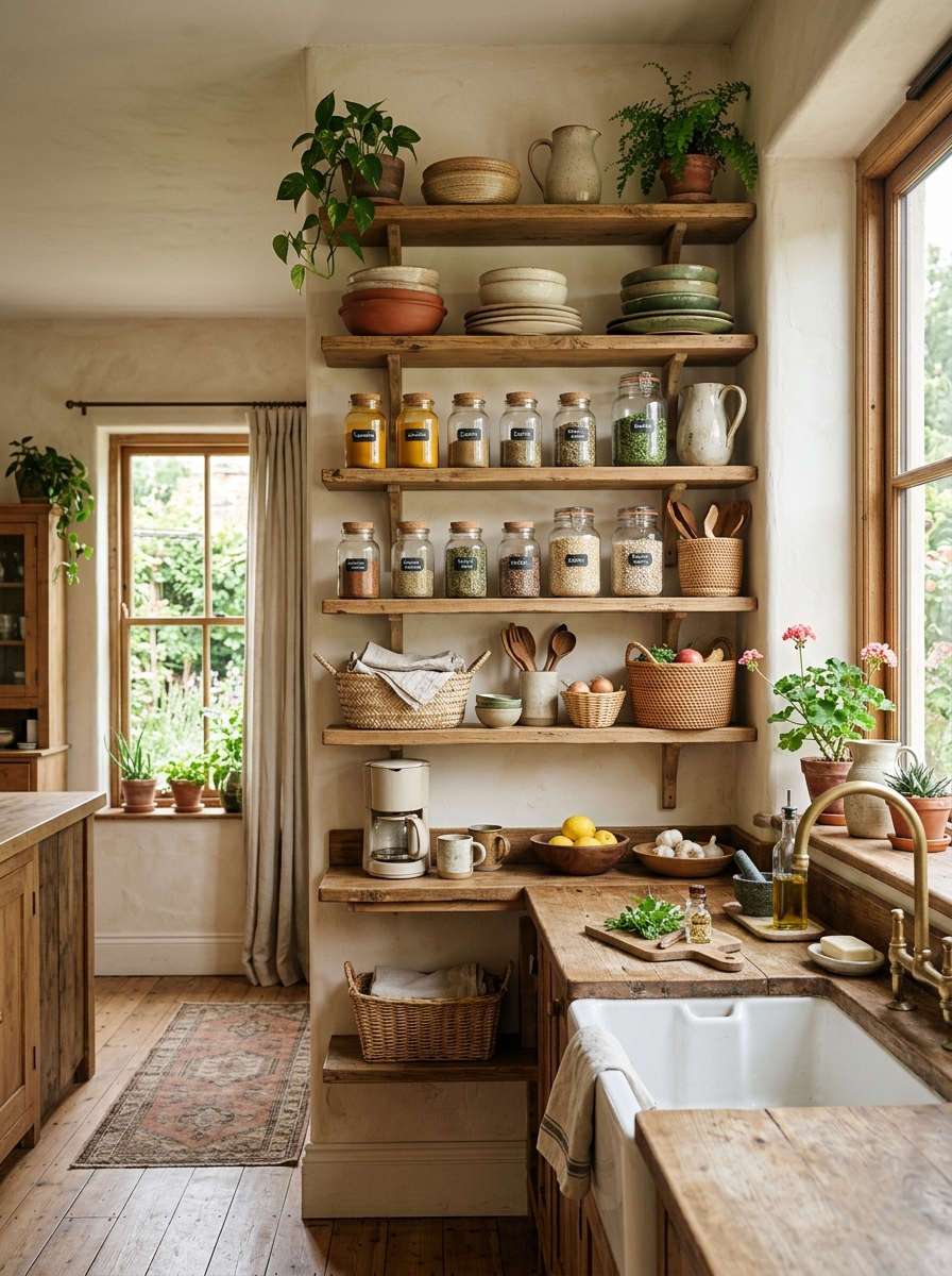 Boho Kitchen with Open Shelving and Styled Decor