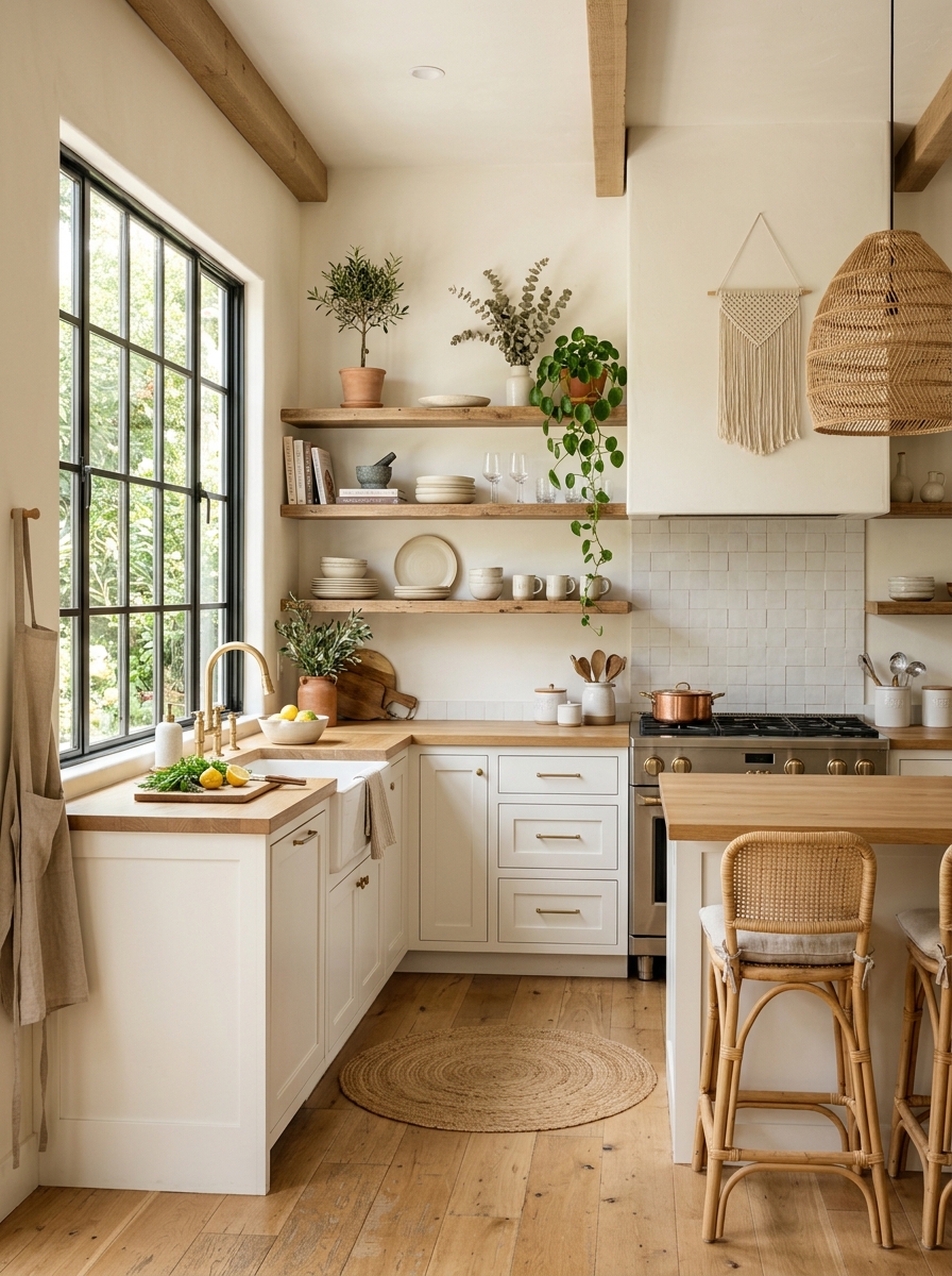 Light and Airy Boho Kitchen with White and Wood