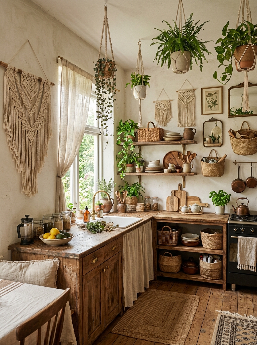 Boho Kitchen with Macrame and Woven Wall Decor