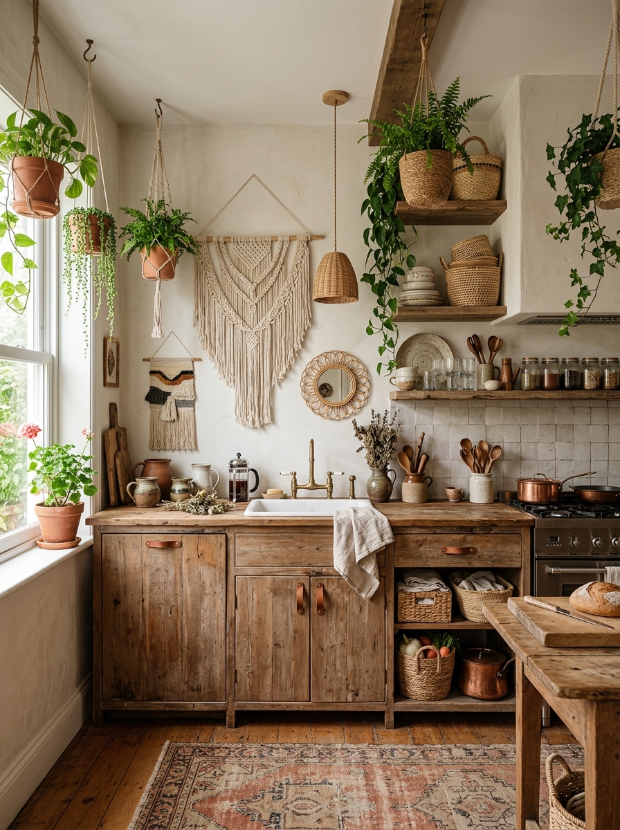 Boho Kitchen with Macrame and Woven Wall Decor