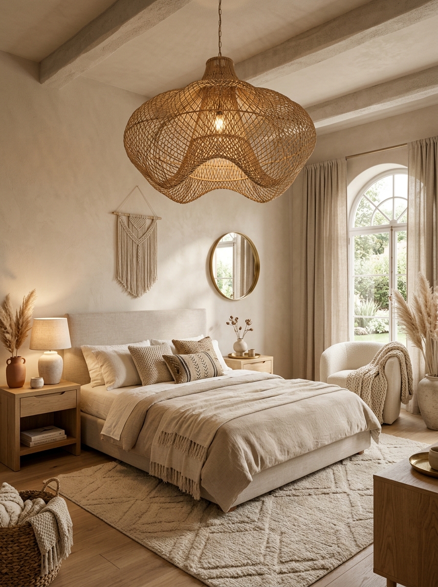 Warm Boho Bedroom with Sculptural Lighting