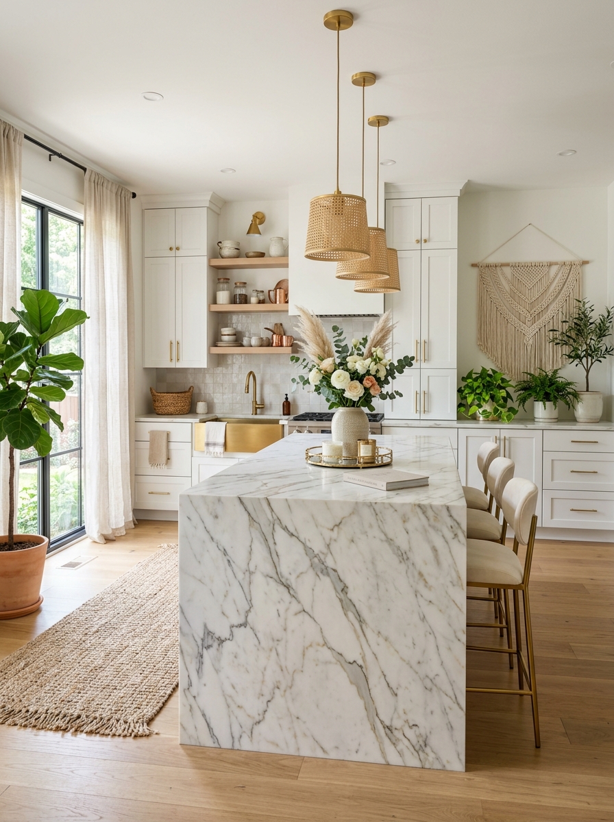 Boho Glam Kitchen with Marble, Gold & Soft Layers