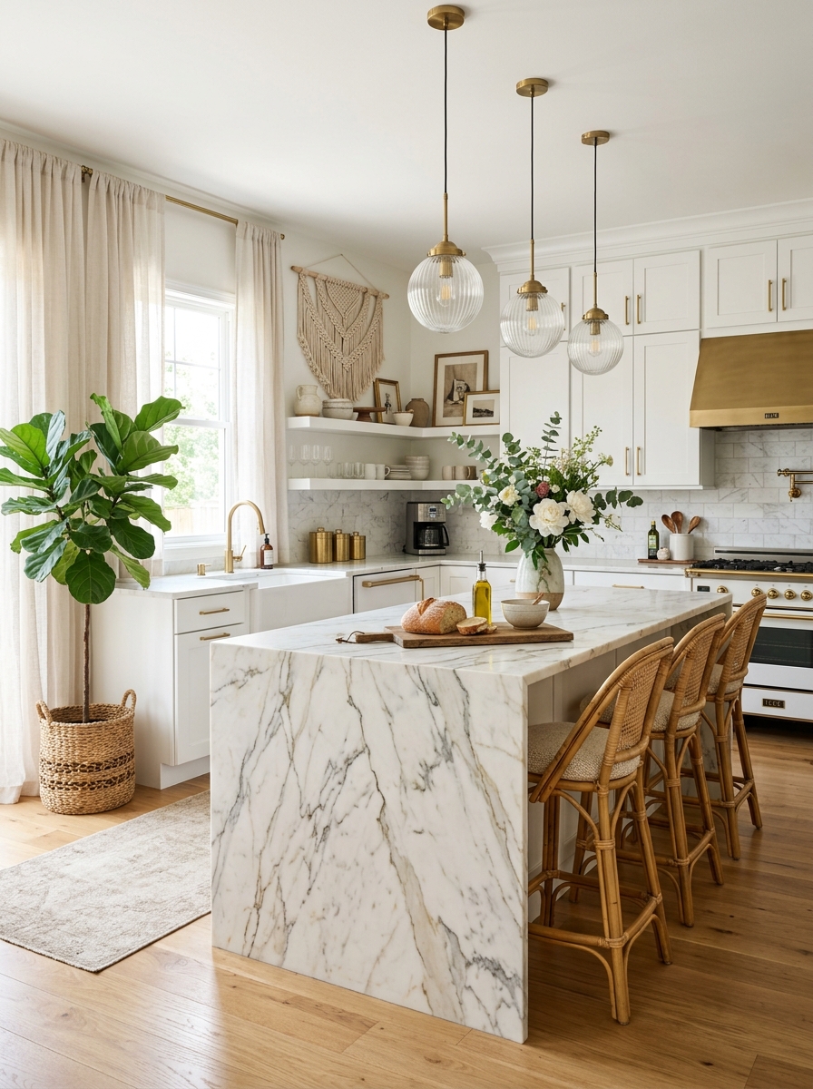 Boho Glam Kitchen with Marble, Gold & Soft Layers