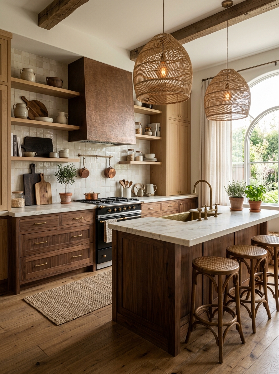 Layered Neutral Kitchen with Mixed Woods & Soft Contrast