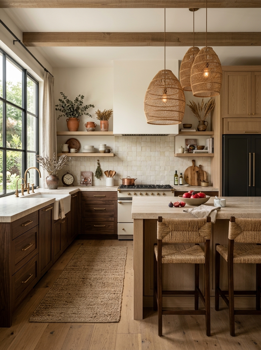 Layered Neutral Kitchen with Mixed Woods & Soft Contrast