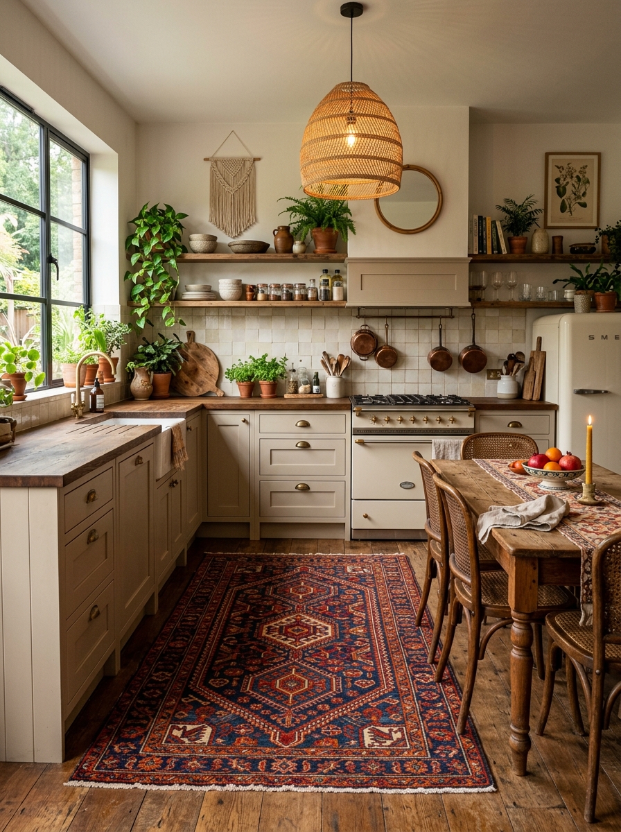 Bohemian Kitchen with Statement Rugs and Floor Decor