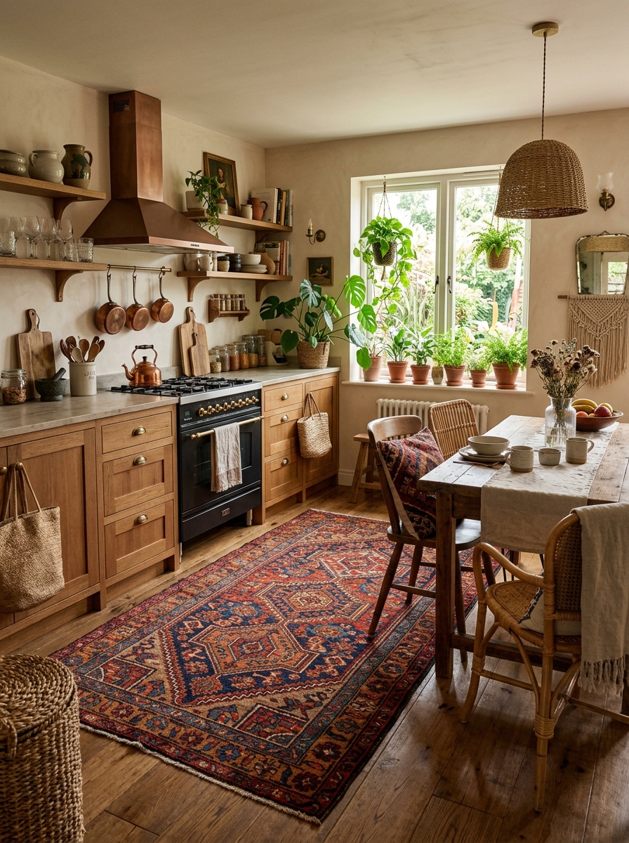 Bohemian Kitchen with Statement Rugs and Floor Decor