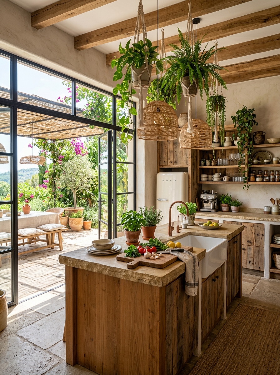 Indoor-Outdoor Boho Kitchen with Lush Greenery