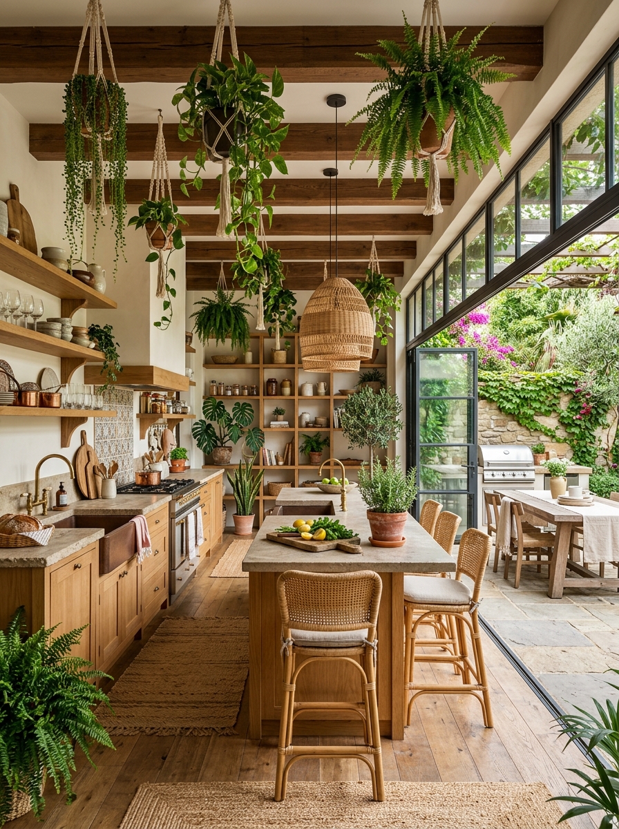 Indoor-Outdoor Boho Kitchen with Lush Greenery