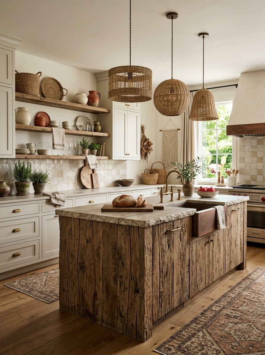 Statement Island Boho Kitchen with Textural Contrast