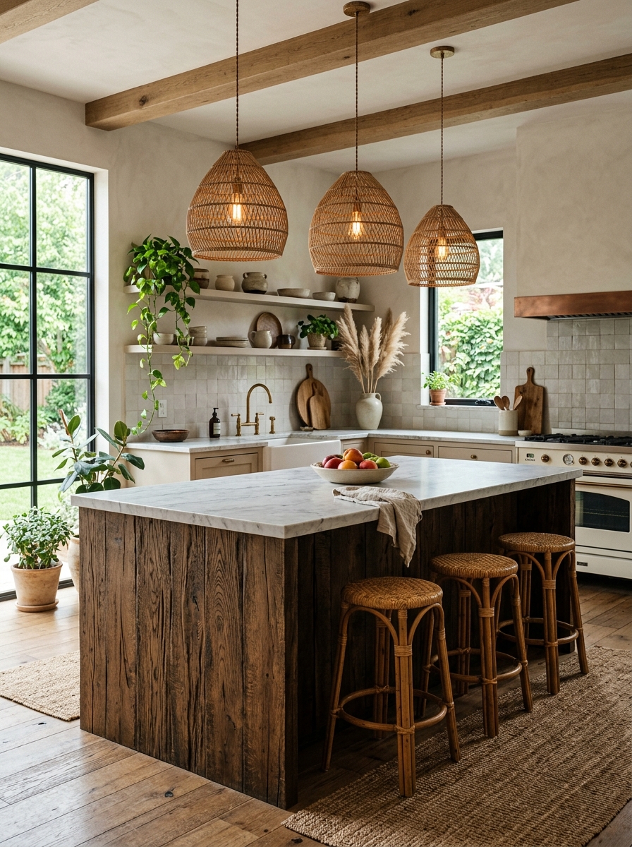 Statement Island Boho Kitchen with Textural Contrast
