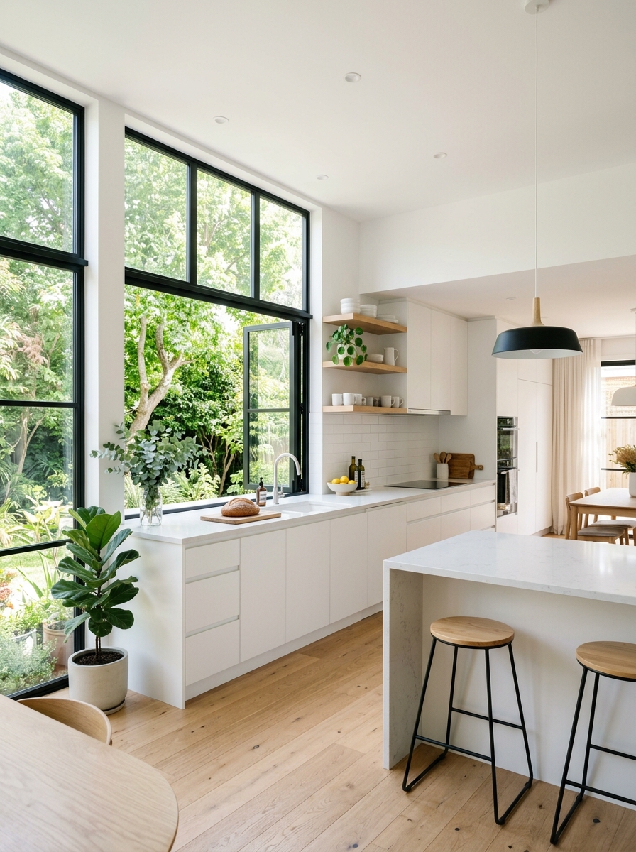 Black Window Frames in a Bright White Kitchen