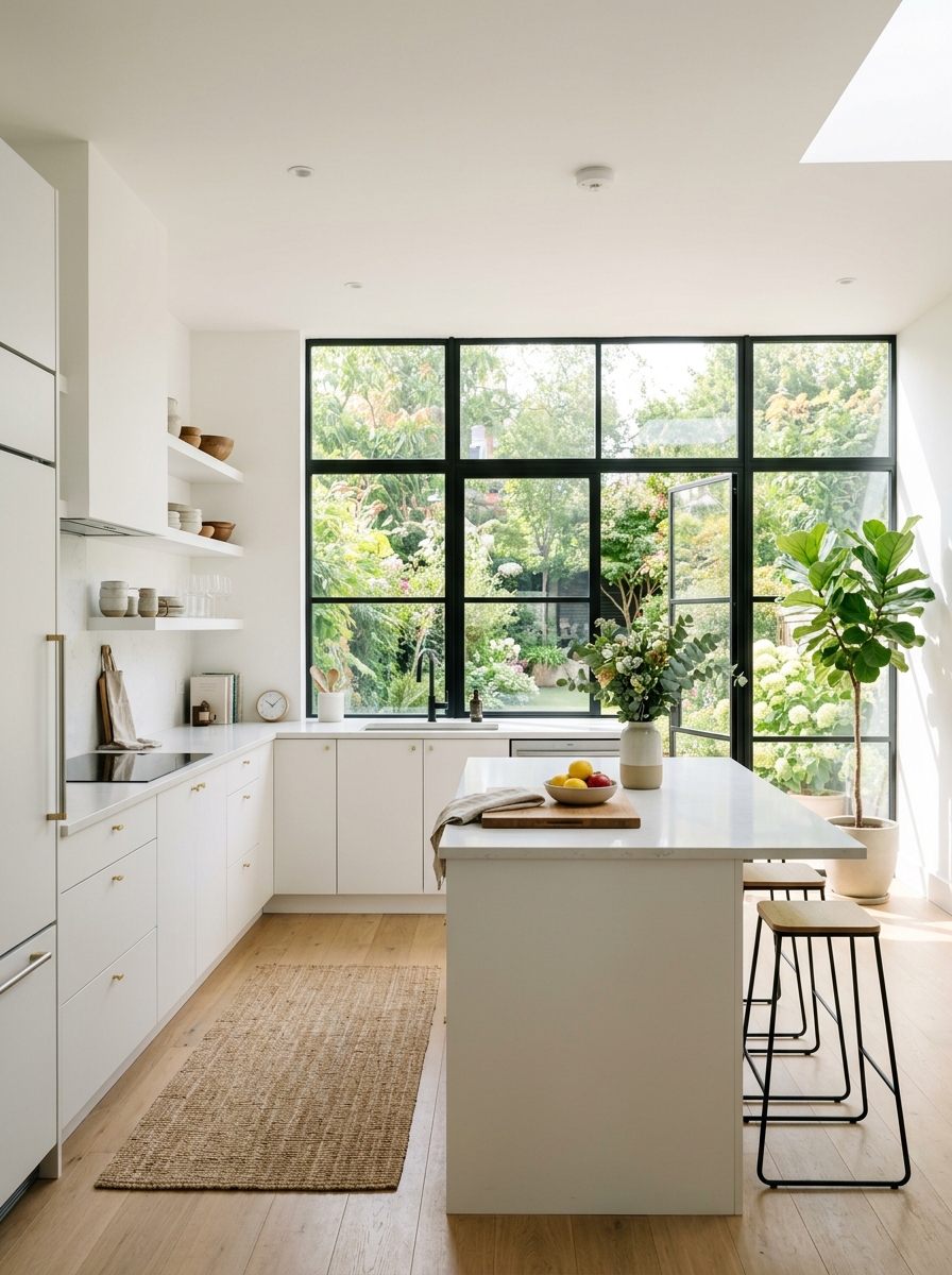 Black Window Frames in a Bright White Kitchen