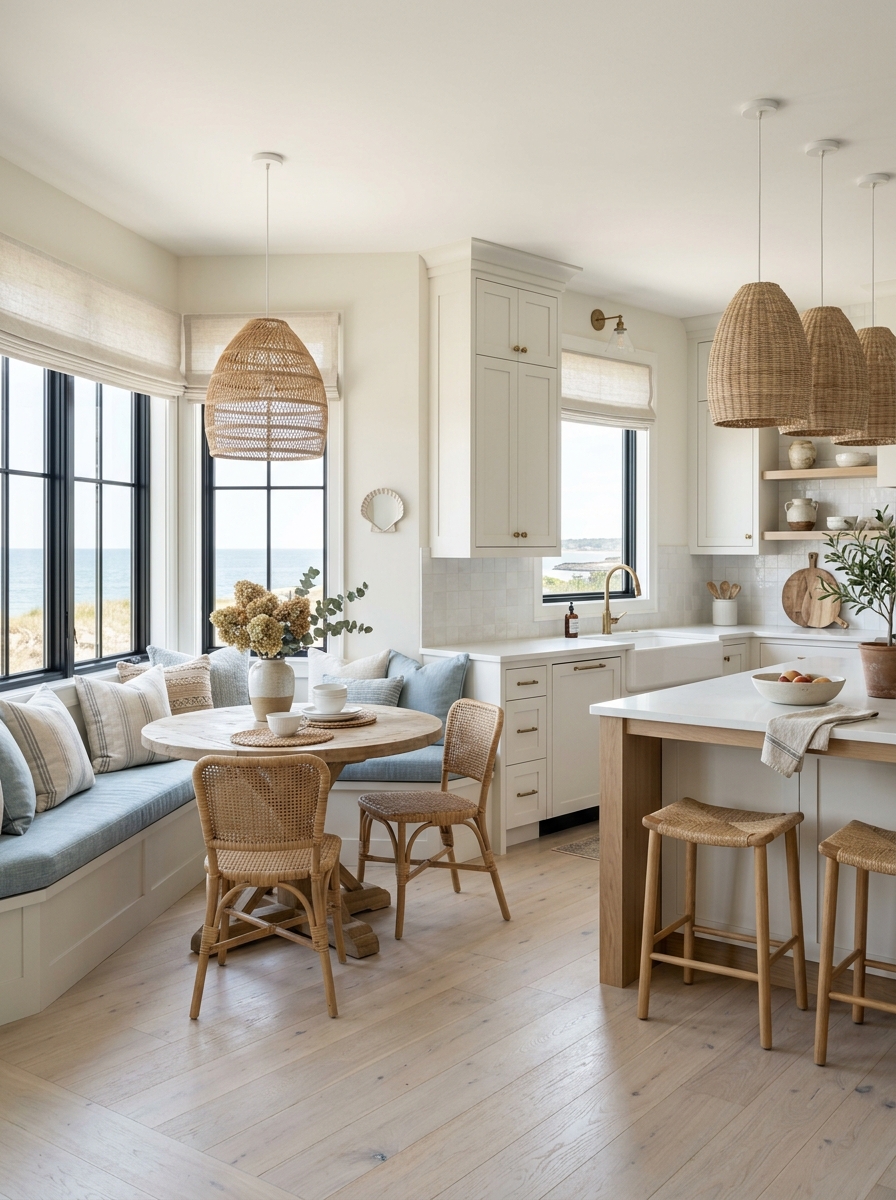 Coastal-Inspired Farmhouse Kitchen with Light Blue Bench Seating