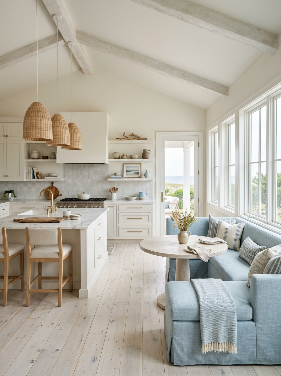 Coastal-Inspired Farmhouse Kitchen with Light Blue Bench Seating