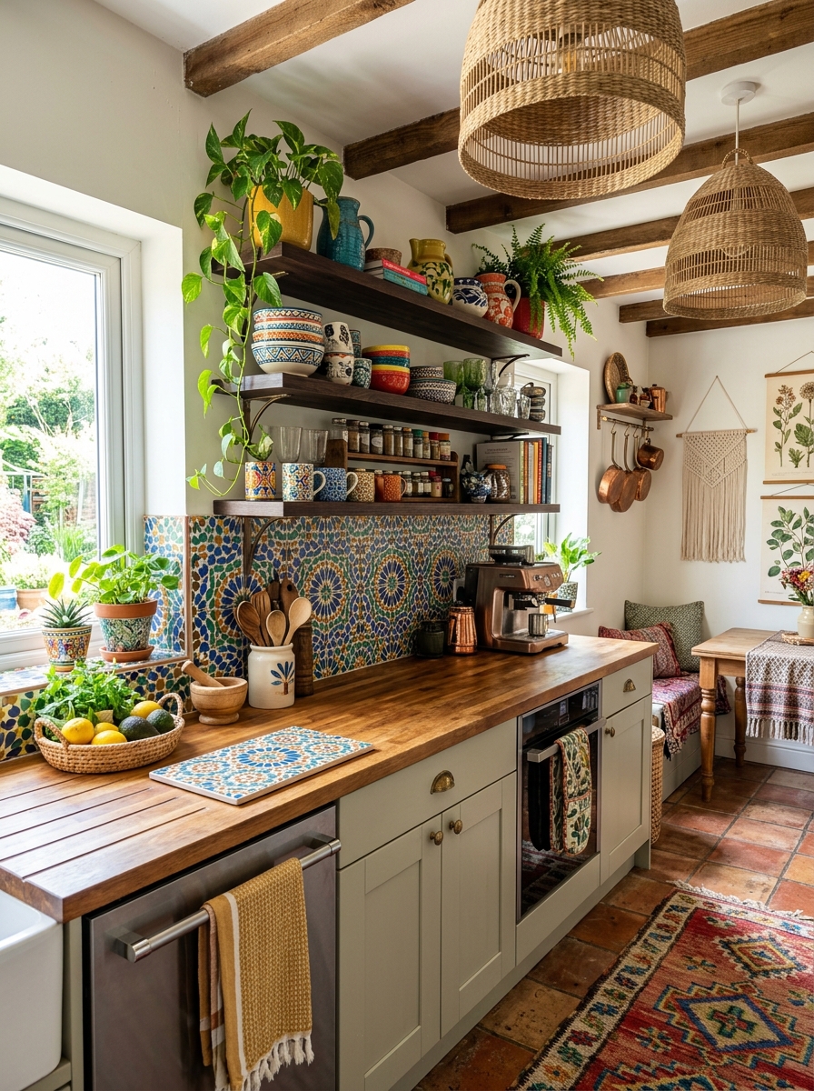Colorful Boho Kitchen with Patterned Tiles & Artistic Flair