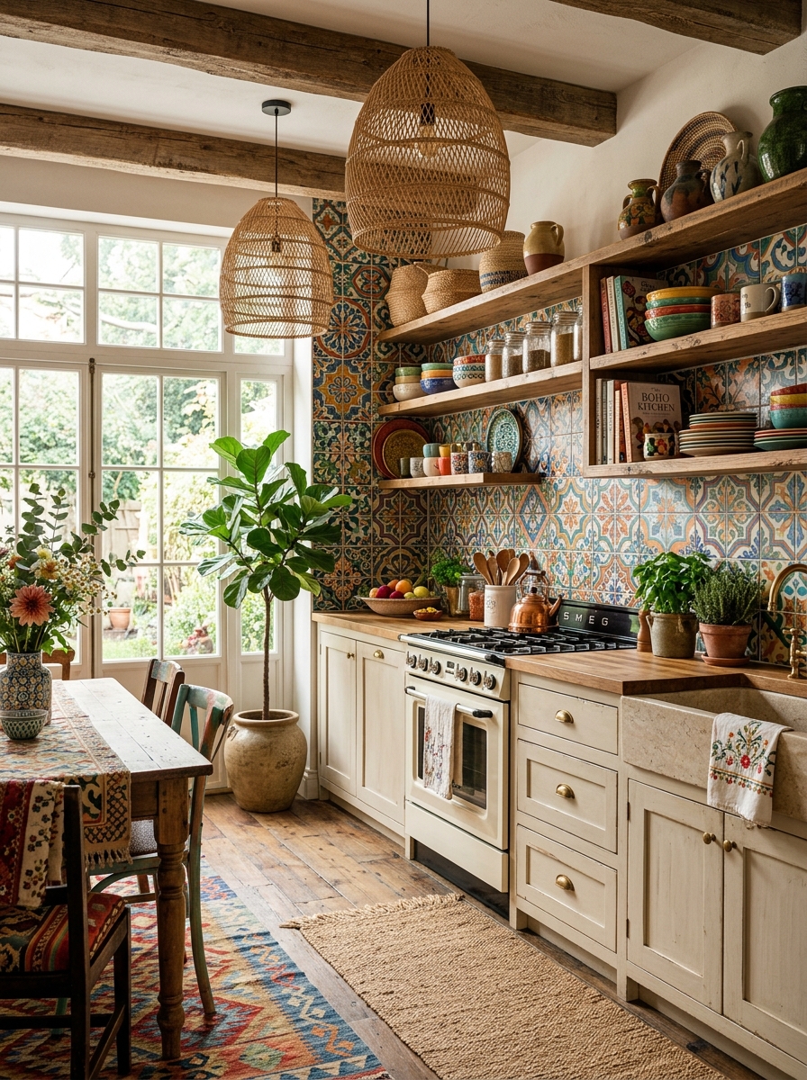 Colorful Boho Kitchen with Patterned Tiles & Artistic Flair