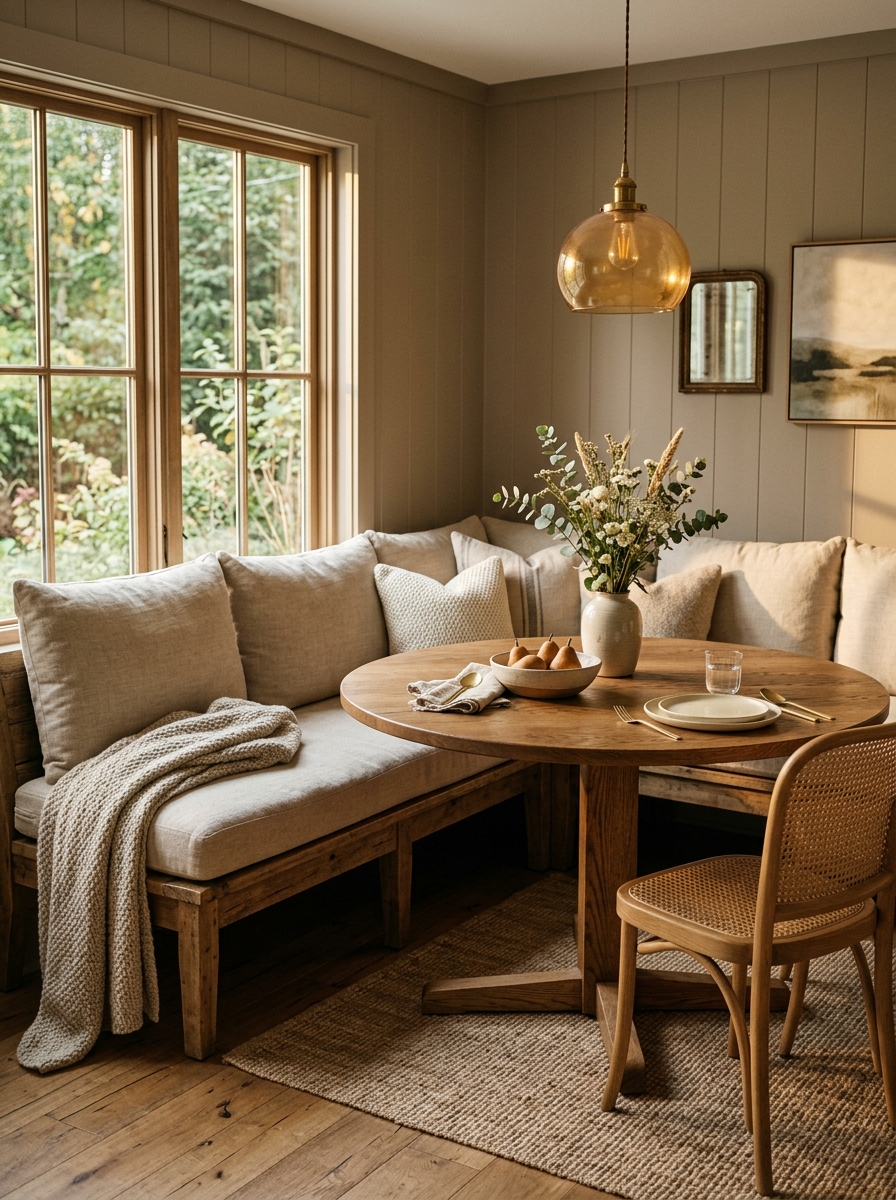 Cozy Corner Banquette with Neutral Linen Upholstery