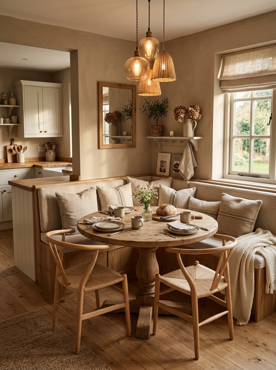 Cozy Corner Banquette with Neutral Linen Upholstery