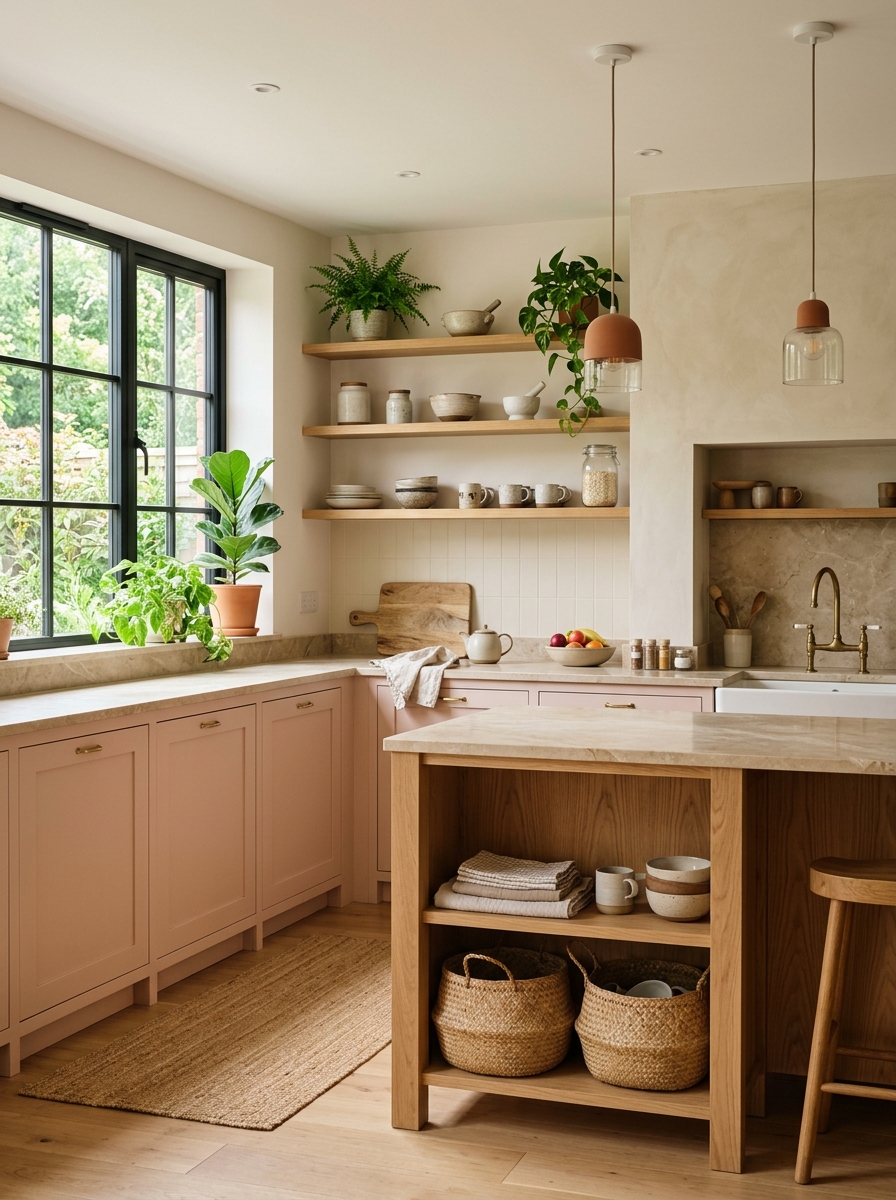 Soft Pink Kitchen with Natural Wood Touches
