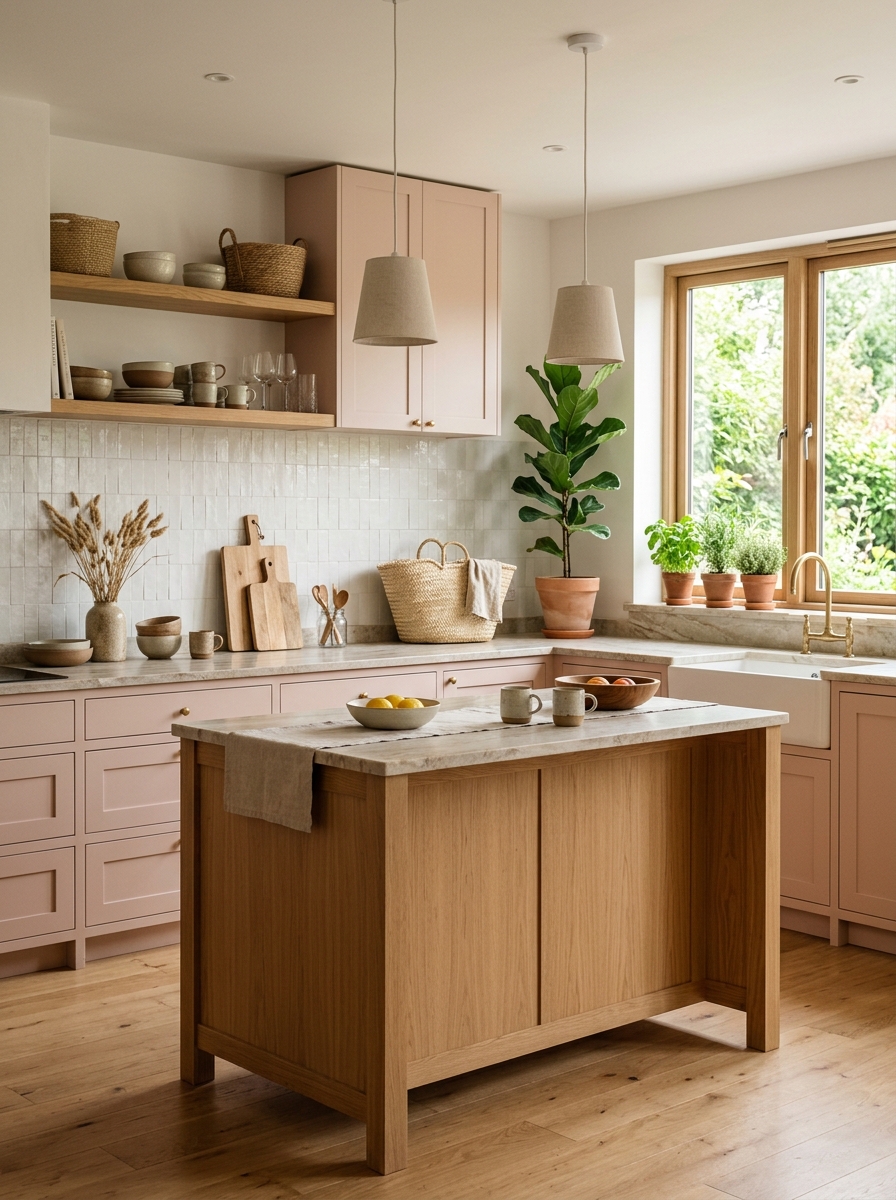 Soft Pink Kitchen with Natural Wood Touches