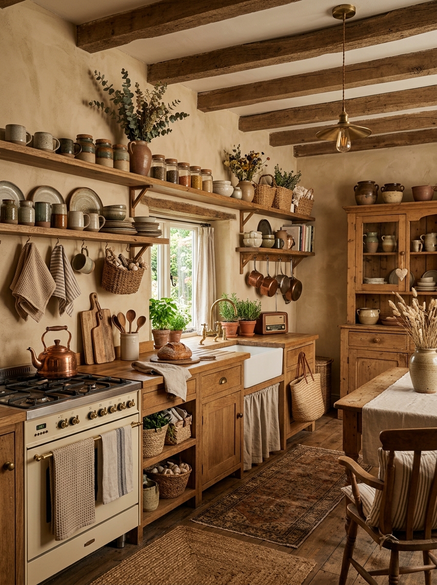 Cozy Rustic Kitchen with Layered Textures and Open Shelves
