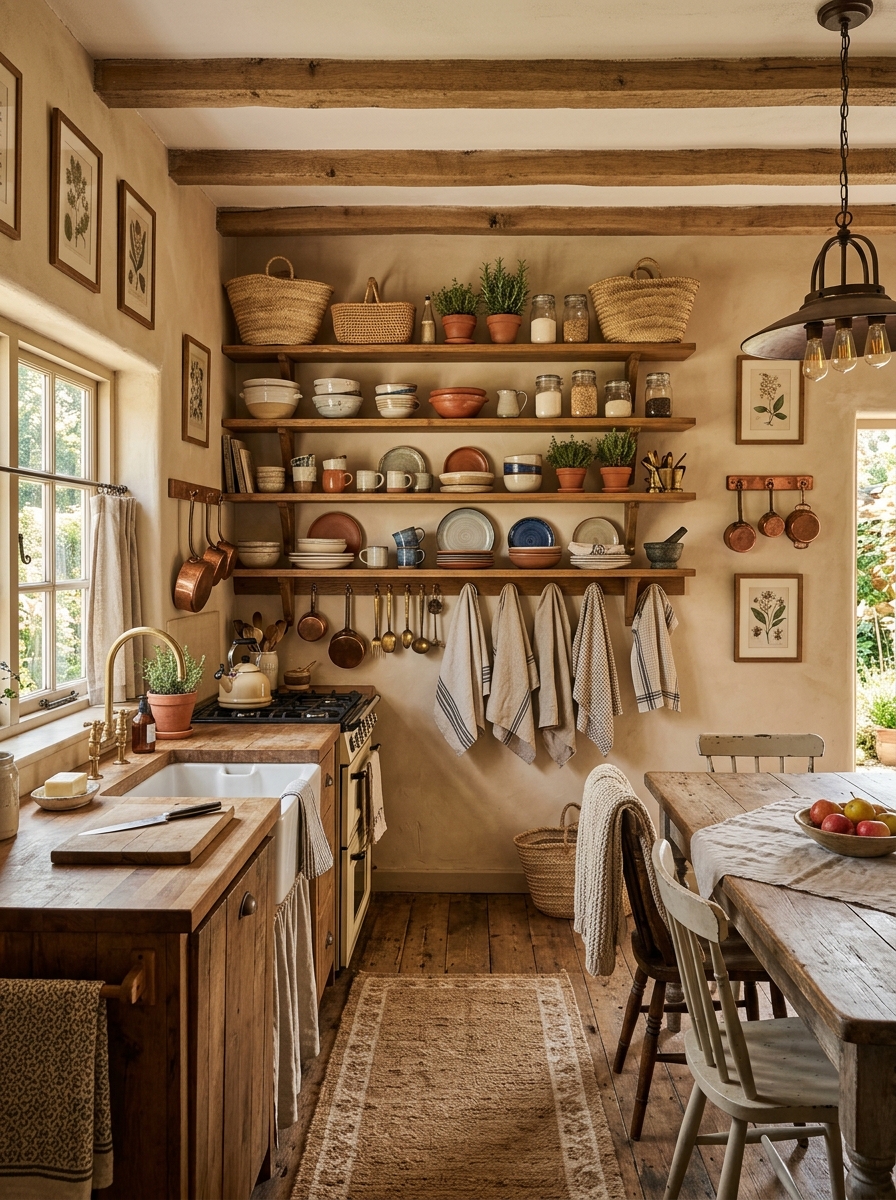 Cozy Rustic Kitchen with Layered Textures and Open Shelves