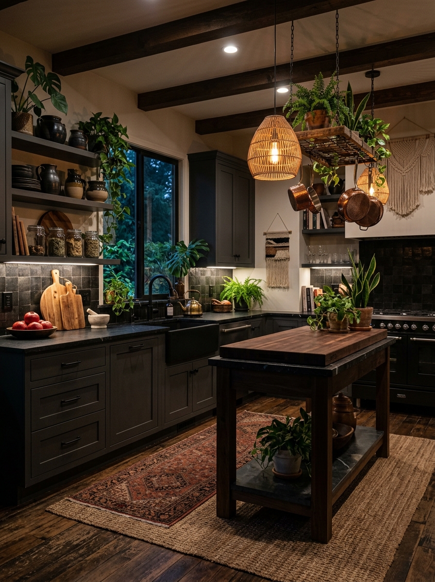 Dark Boho Kitchen with Moody Layers & Rich Finishes