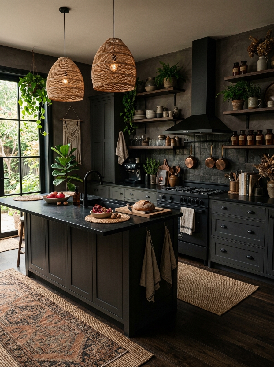 Dark Boho Kitchen with Moody Layers & Rich Finishes
