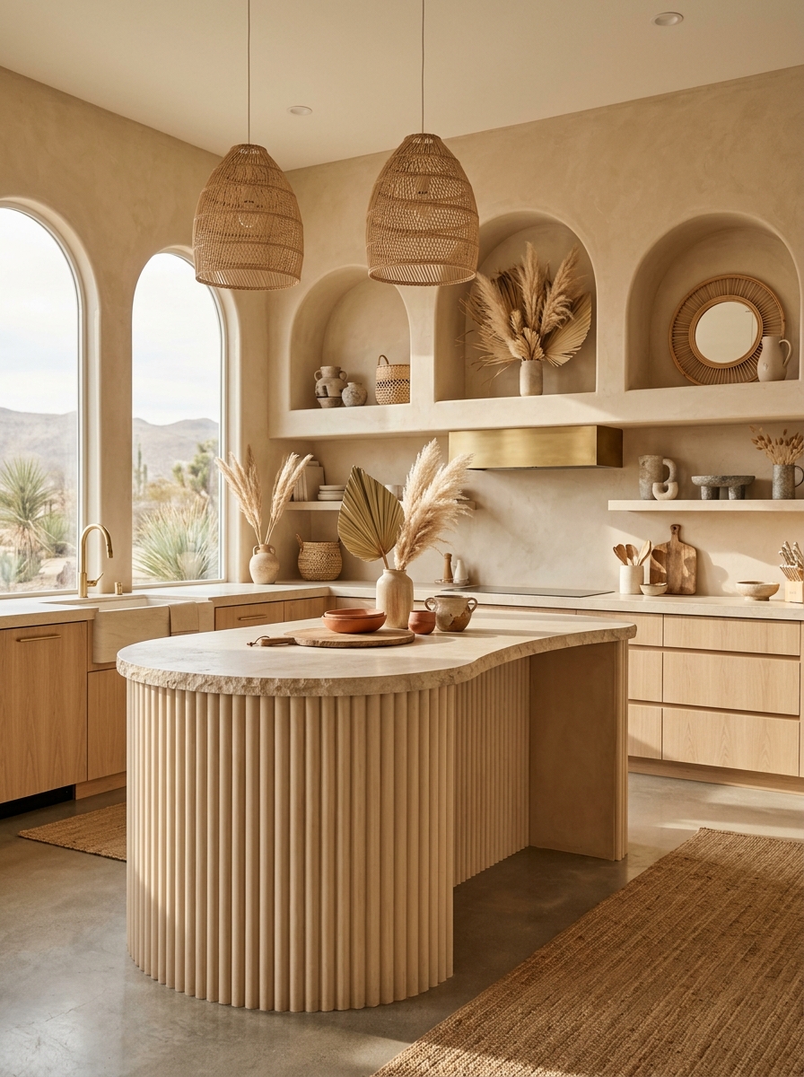 Desert-Inspired Boho Kitchen with Warm Sands & Sculptural Decor