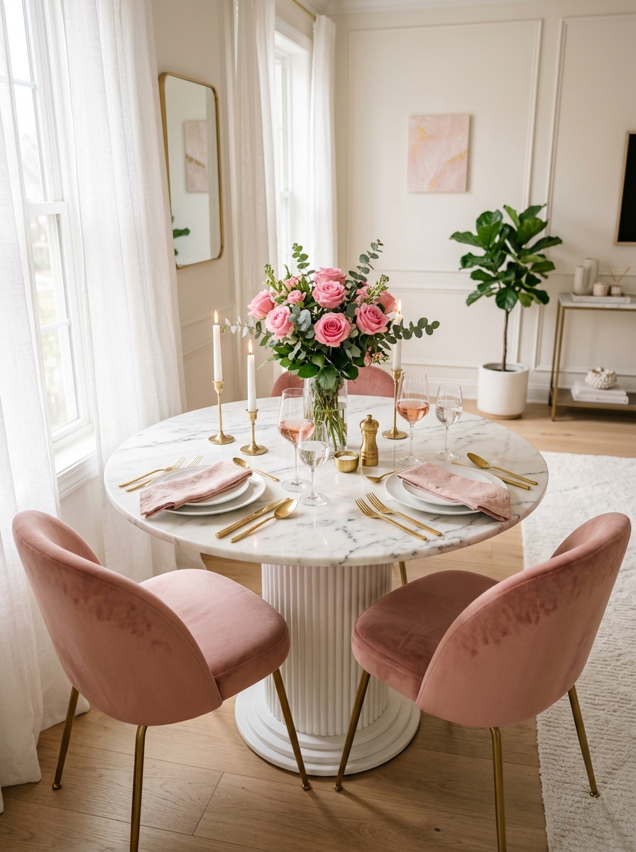Romantic Round Table with Blush Velvet Chairs